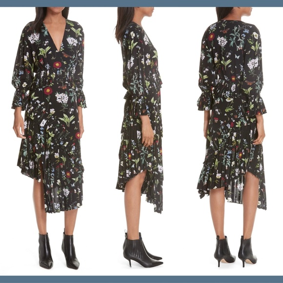 NEW $548 Joie Analena‎ Floral Pleated Ruffle Midi Dress [SZ XXS ] - Picture 1 of 8